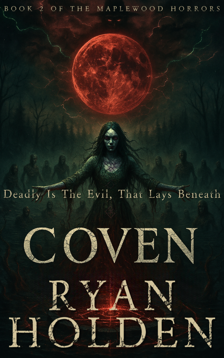 A dark fantasy book cover featuring a woman with a crimson moon in the background.