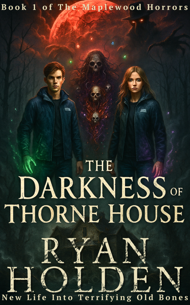 Cover of Supernatural Gothic Horror novel "The Darkness of Thorne House" featuring Jenny and Nicholas Ashbourne near haunted Thorne House.